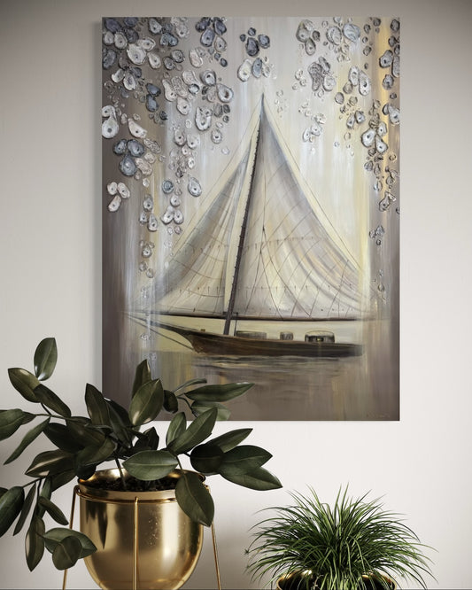 Gold Sailboat and Oysters Painting 48x36 inches