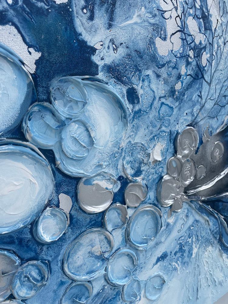 Silver and Blue Barnacles and Corals Painting 36x72 inches