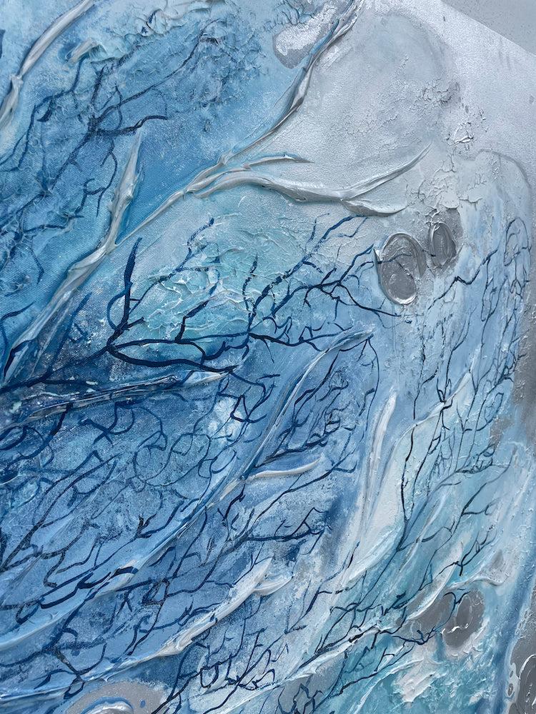 Silver and Blue Barnacles and Corals Painting 36x72 inches