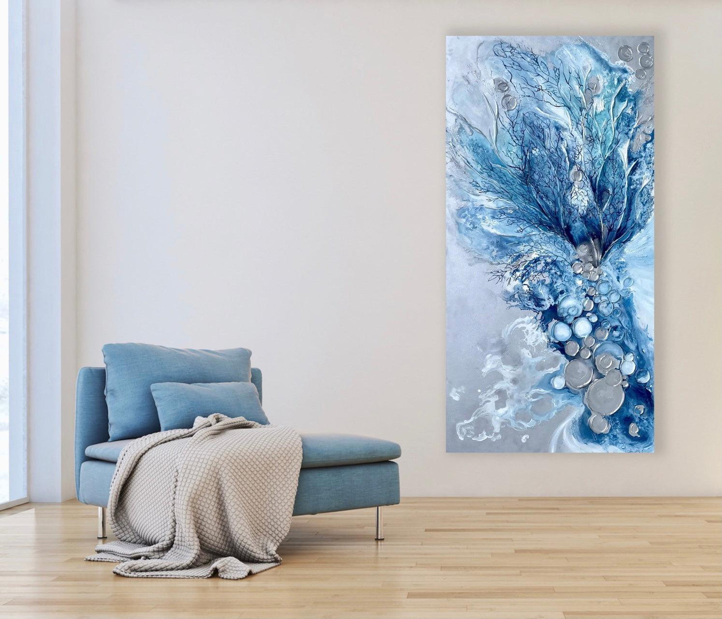 Silver and Blue Barnacles and Corals Painting 36x72 inches