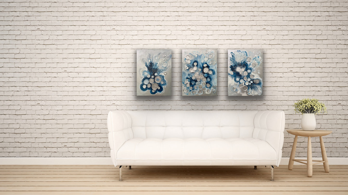 Silver and Blue Barnacles and Corals Triptych 24x18 inches