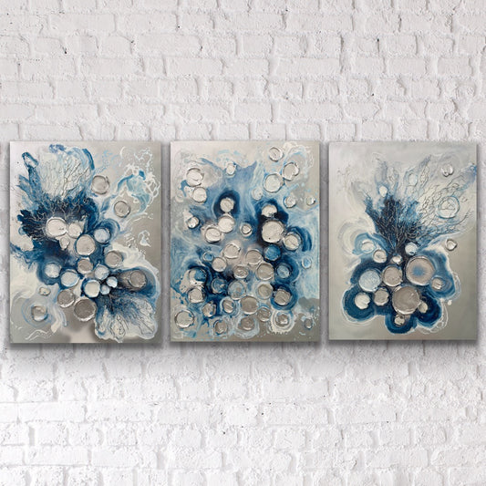 Silver and Blue Barnacles and Corals Triptych 24x18 inches