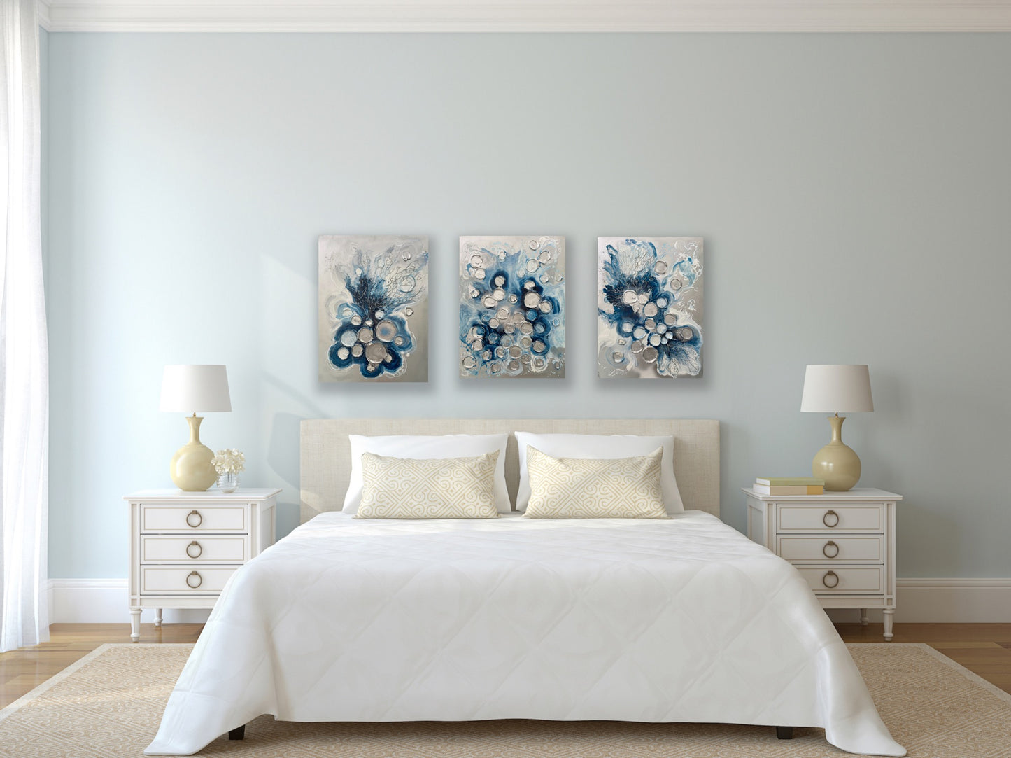 Silver and Blue Barnacles and Corals Triptych 24x18 inches