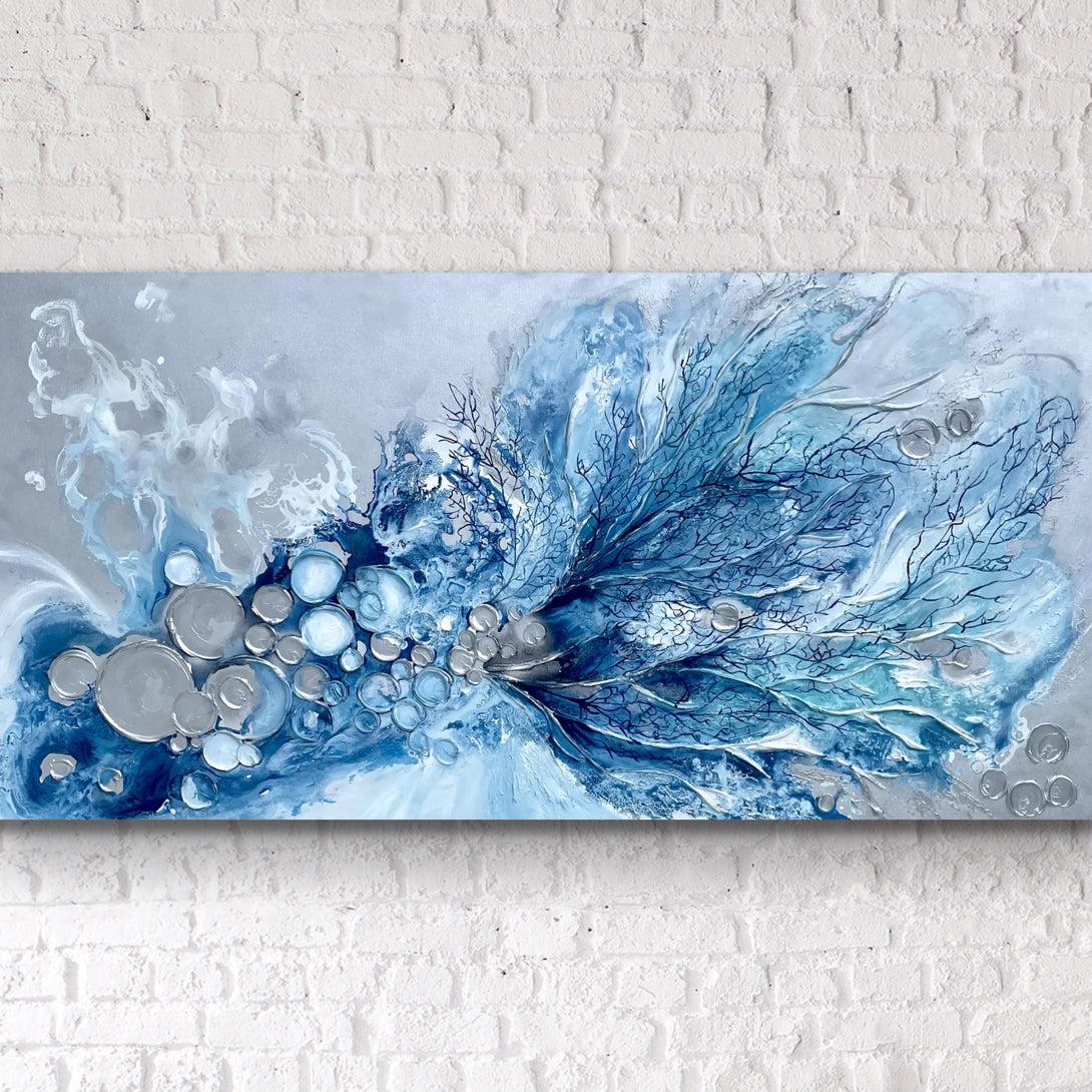 Silver and Blue Barnacles and Corals Painting 36x72 inches