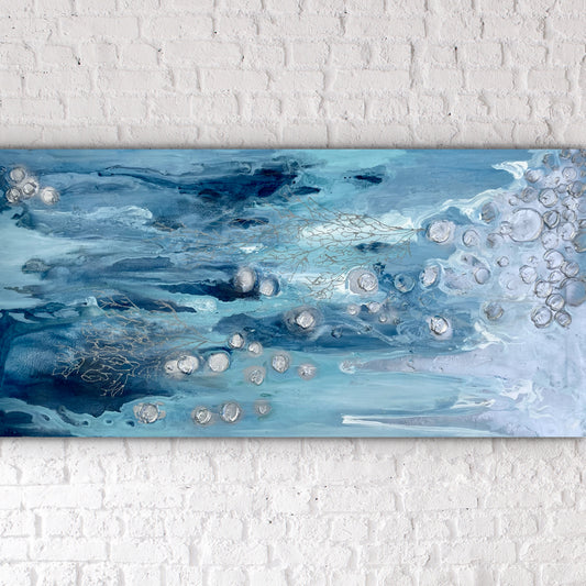 Silver and Blue Barnacles Painting 30x60 inches