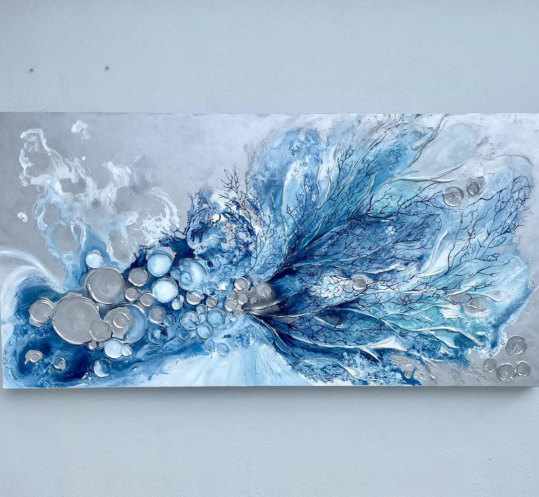 Silver and Blue Barnacles and Corals Painting 36x72 inches