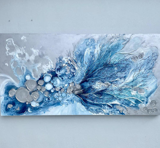 Silver and Blue Barnacles and Corals Painting 36x72 inches