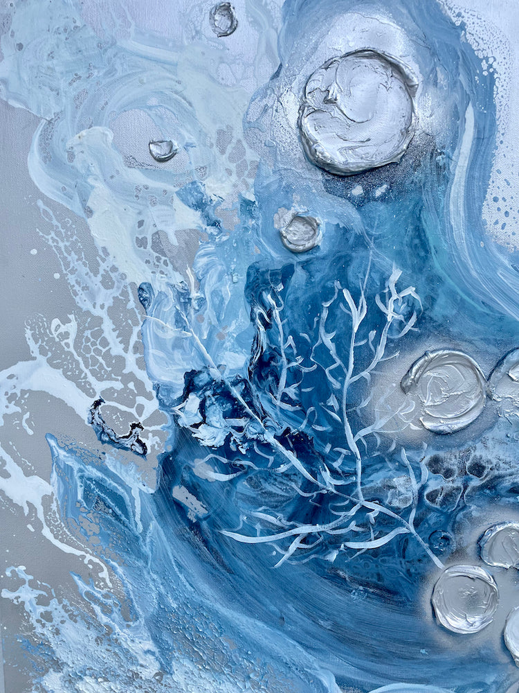 Silver and Blue Barnacles and Corals Painting 40x60 inches