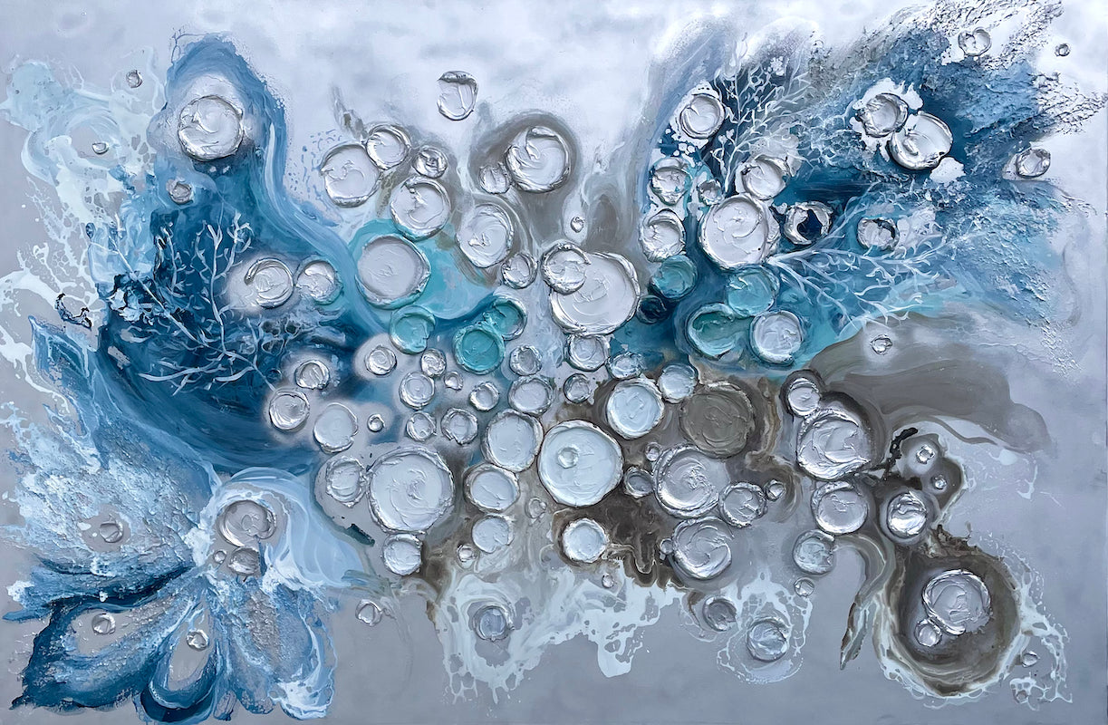Silver and Blue Barnacles and Corals Painting 40x60 inches