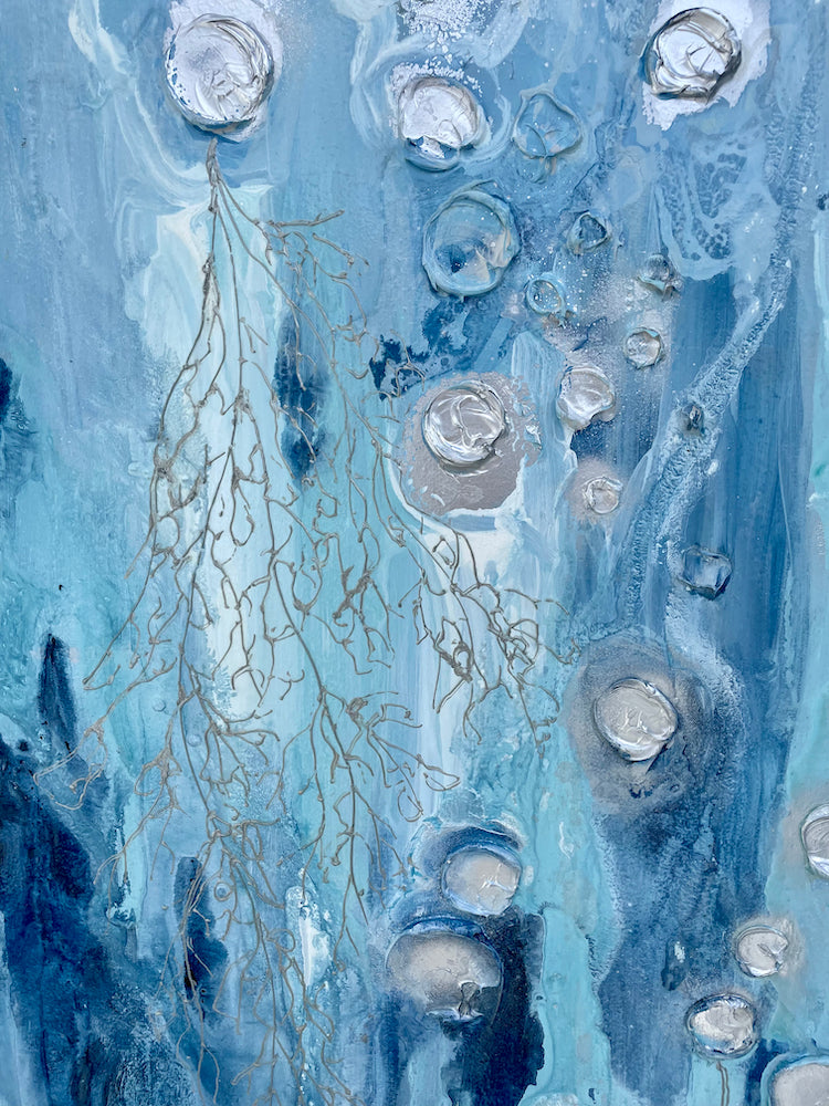 Silver and Blue Barnacles Painting 30x60 inches