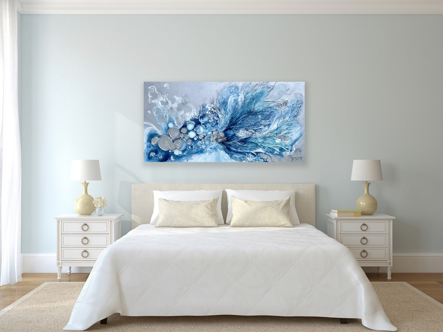 Silver and Blue Barnacles and Corals Painting 36x72 inches