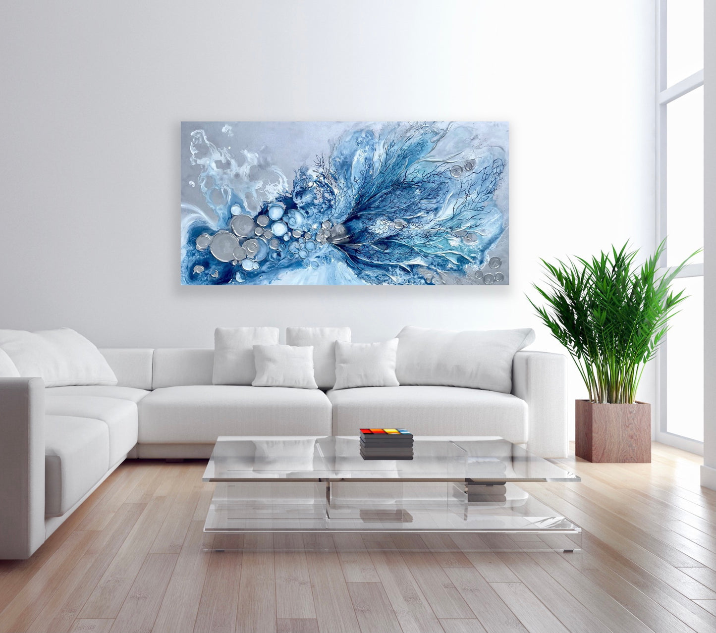Silver and Blue Barnacles and Corals Painting 36x72 inches