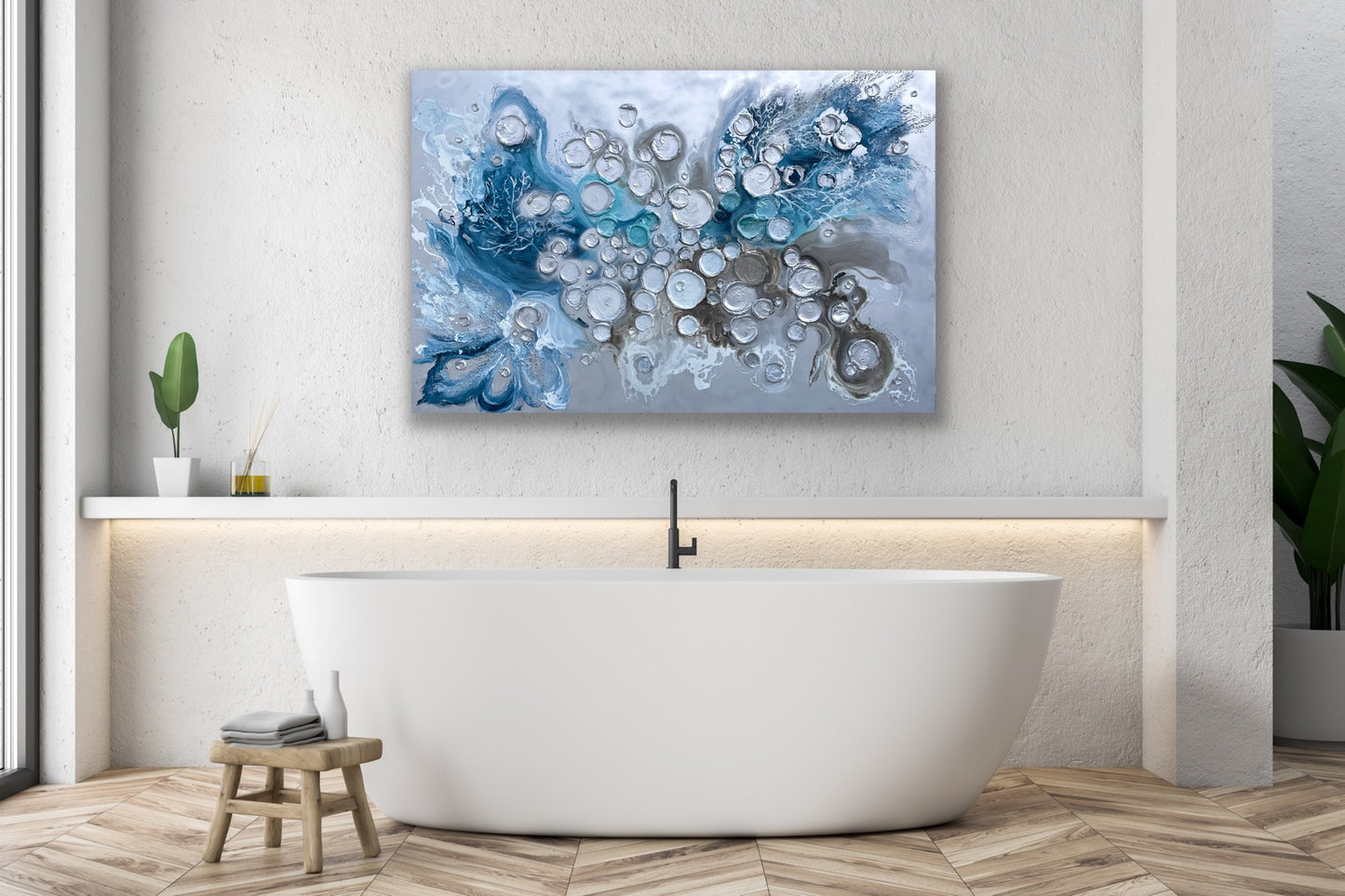 Silver and Blue Barnacles and Corals Painting 40x60 inches