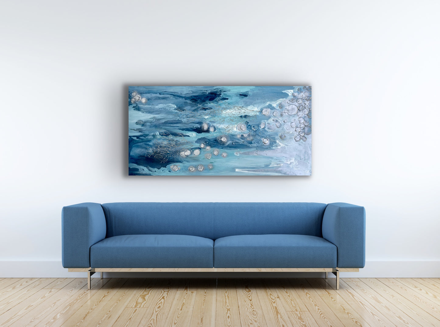 Silver and Blue Barnacles Painting 30x60 inches