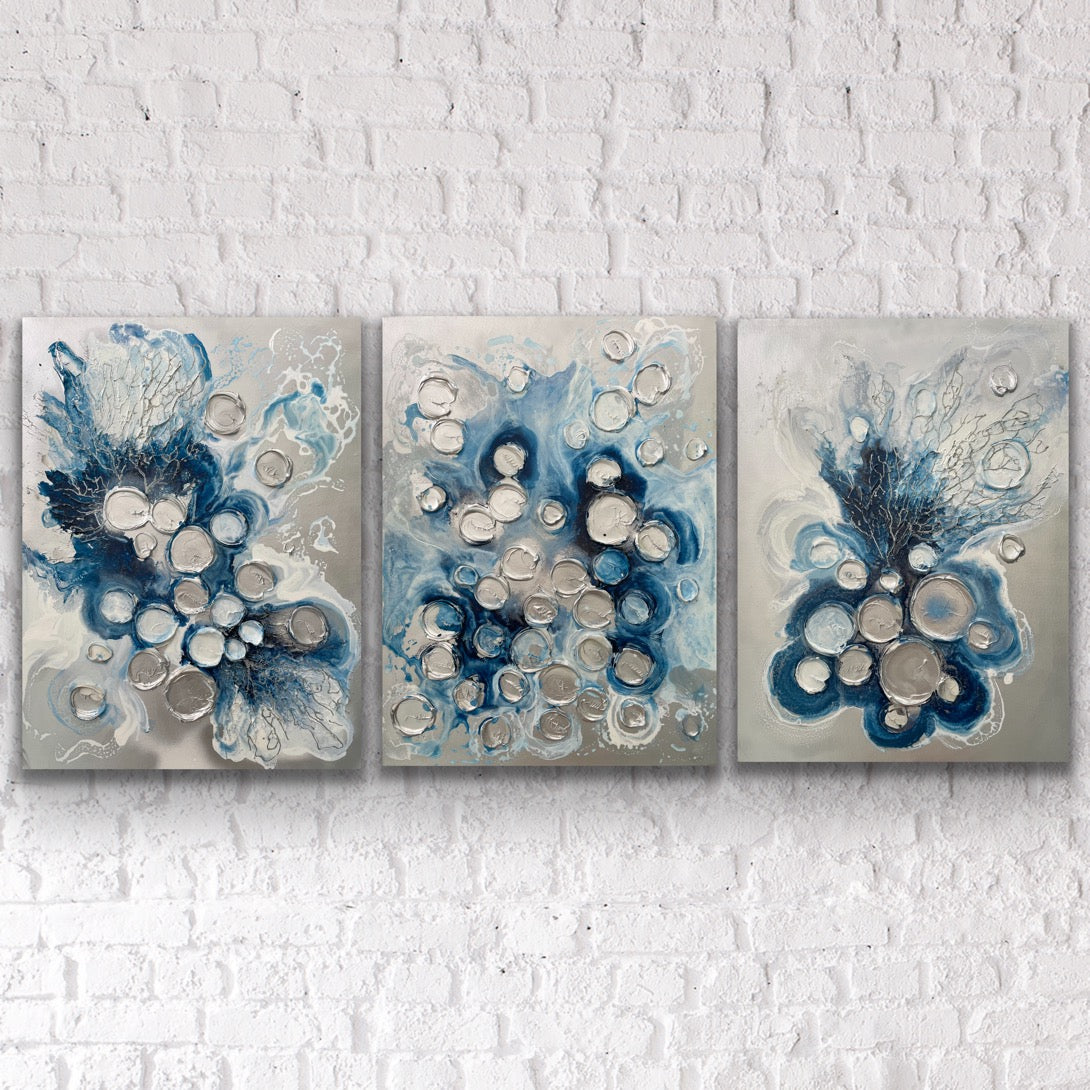Silver and Blue Barnacles and Corals Triptych 24x18 inches