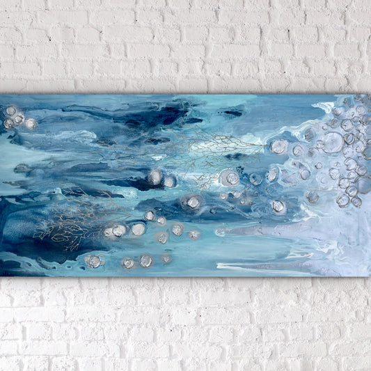 Silver and Blue Barnacles and Corals Painting 30x60 inches