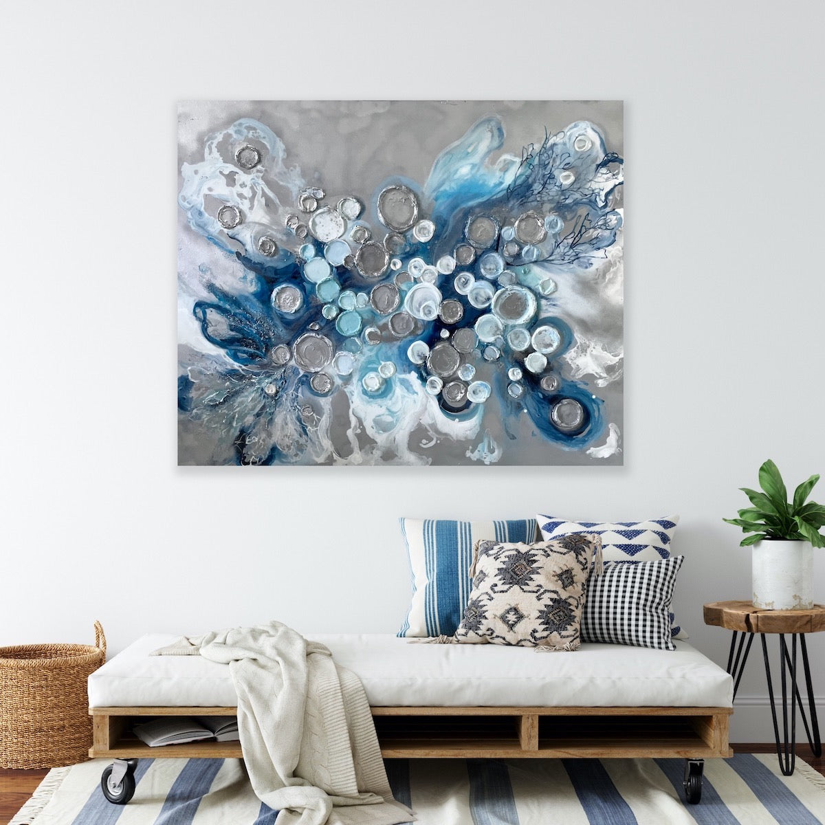 48x60 Canvas Art Blue Teal Extra Large Abstact Painting Bp042